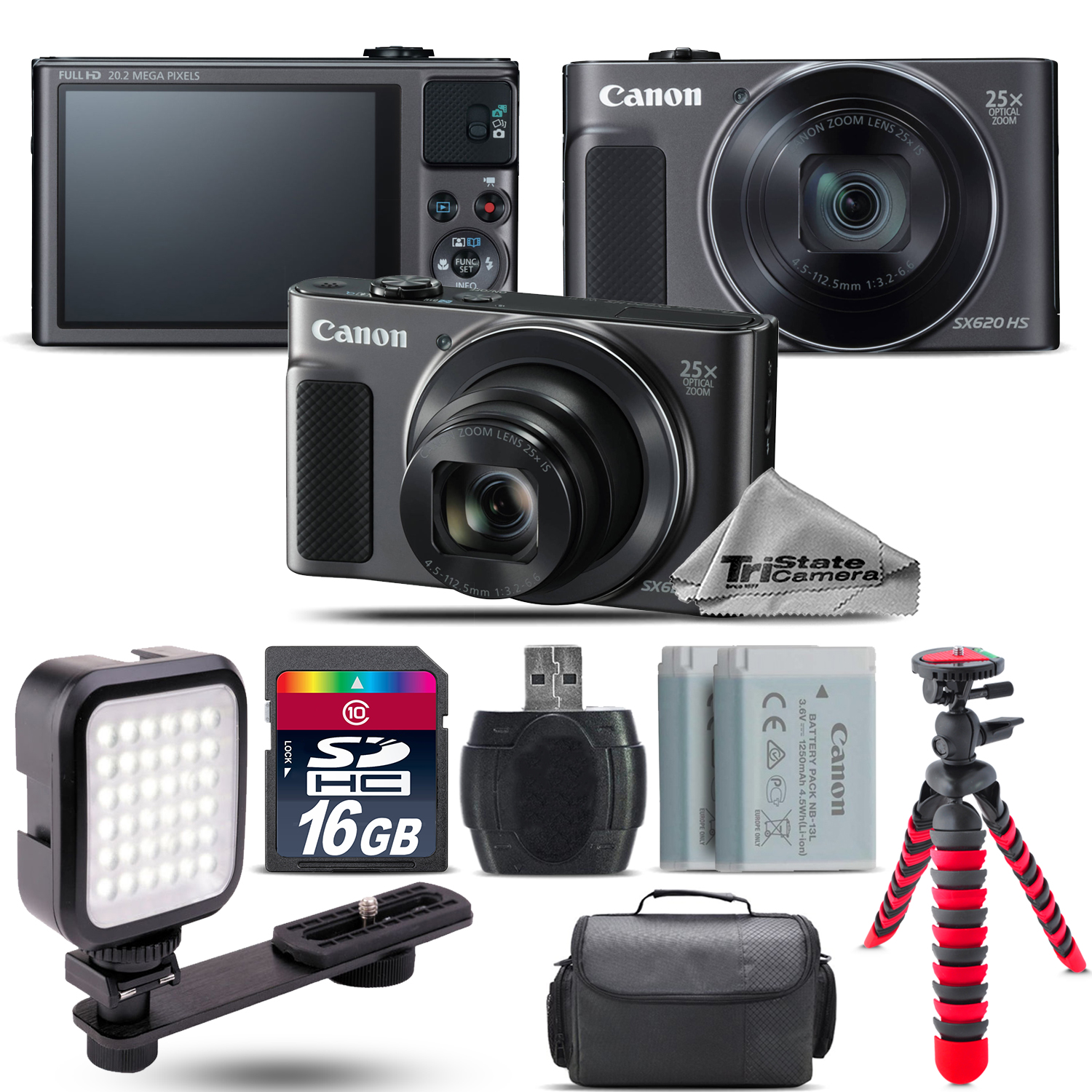 PowerShot SX620 HS Camera (Black) + Case + Spider Tripod + LED - 16GB Kit *FREE SHIPPING*