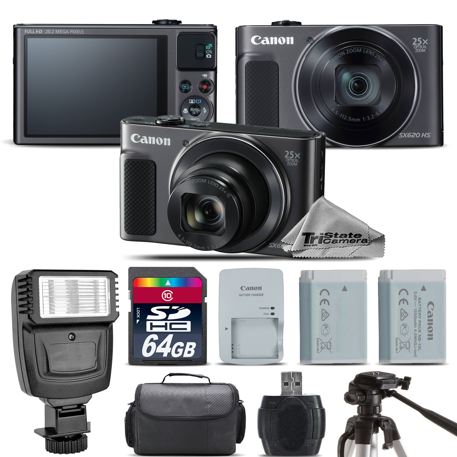 PowerShot SX620 HS Black Digital Camera + Extra Battery + Flash - 64GB Kit  *FREE SHIPPING*