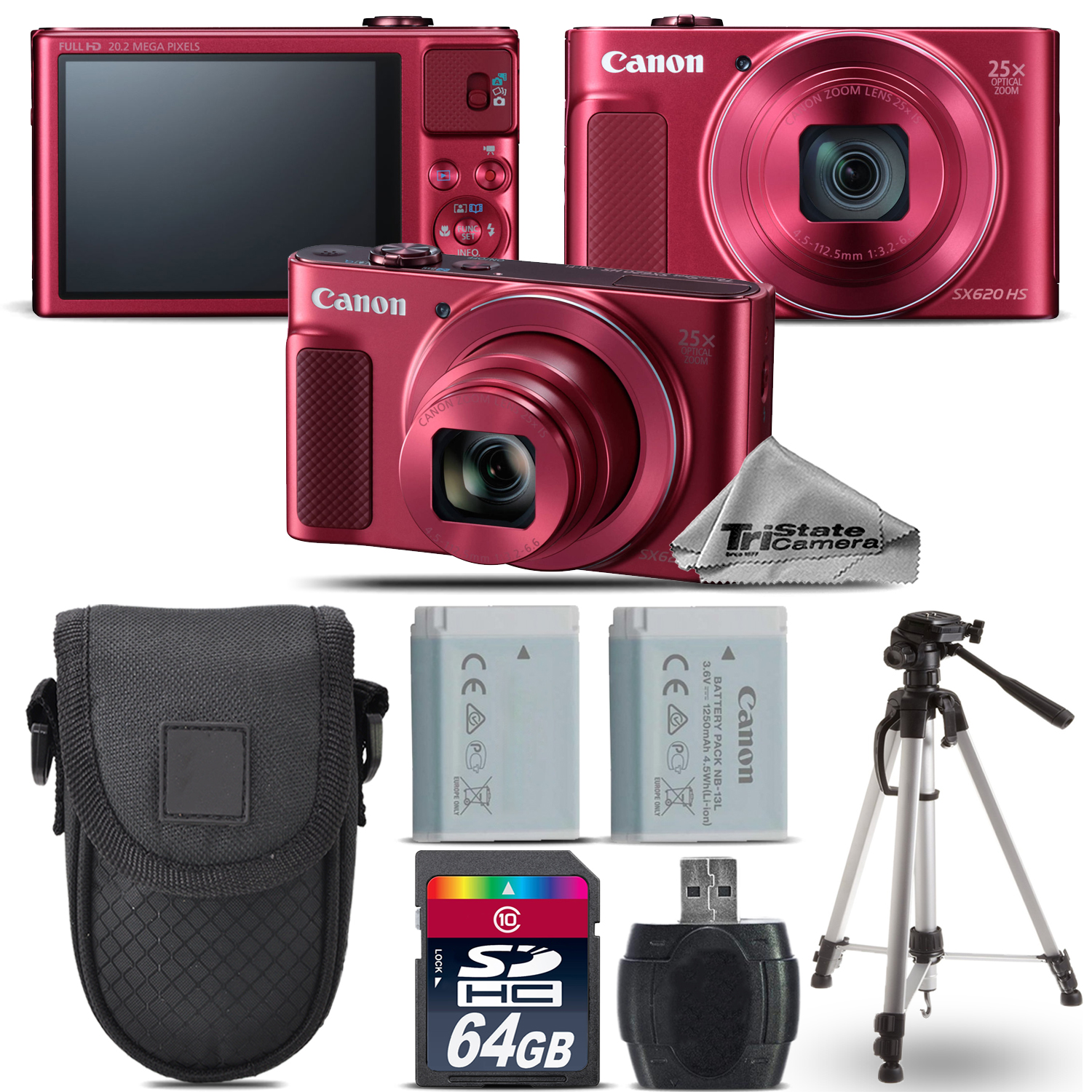 PowerShot SX620 HS Camera (RED) + Extra Battery +Tripod + Case -64GB Kit *FREE SHIPPING*
