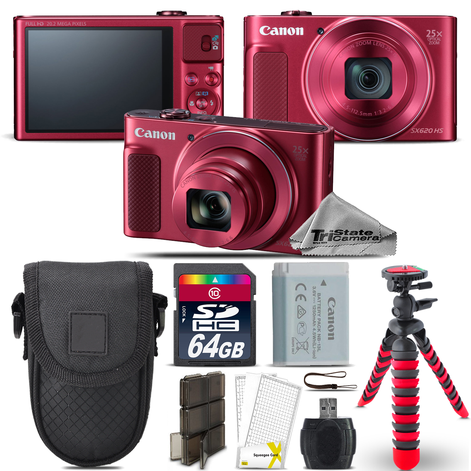 PowerShot SX620 HS Digital Camera (RED) + Spider Tripod + Case - 64GB Kit *FREE SHIPPING*
