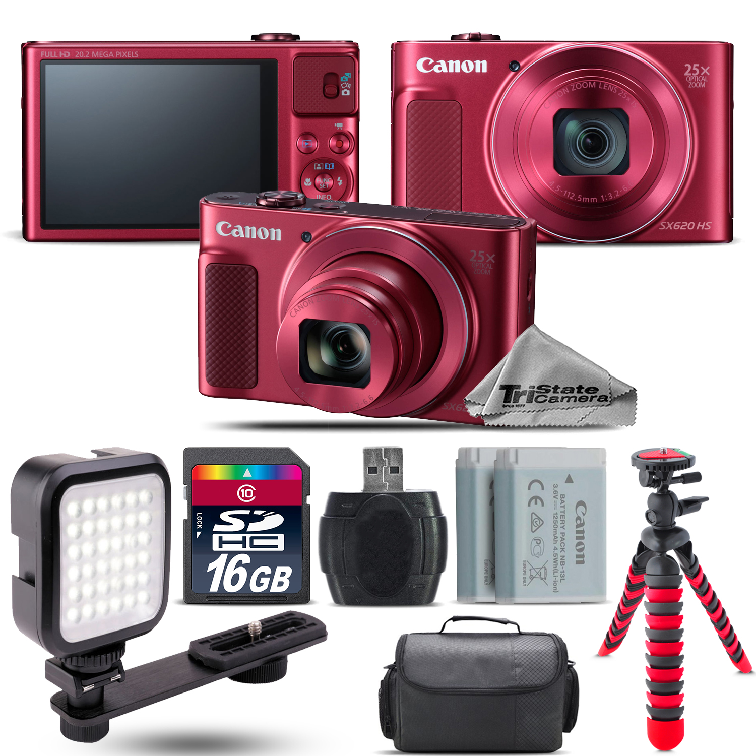 PowerShot SX620 HS Camera (RED) + Case + Spider Tripod + LED - 16GB Kit *FREE SHIPPING*