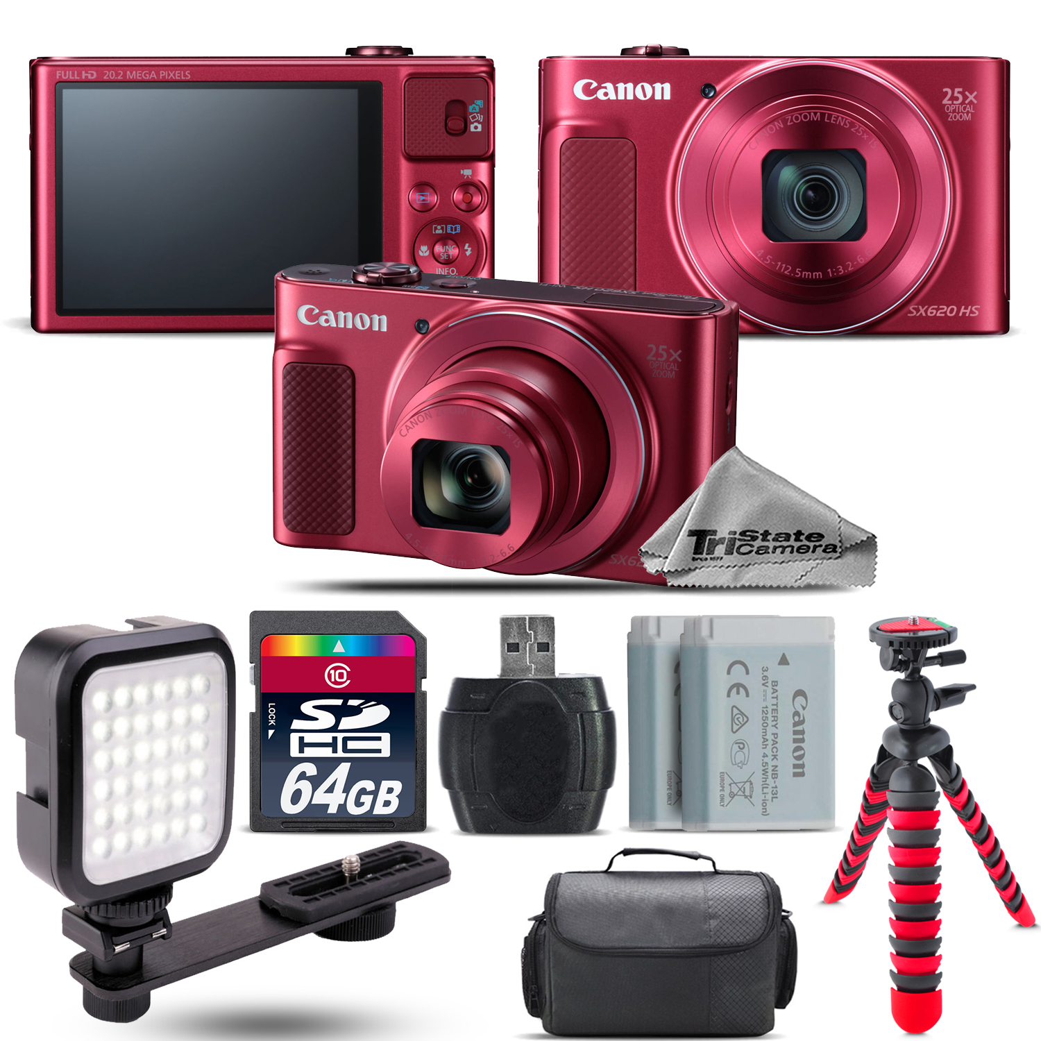 PowerShot SX620 HS Camera (RED) + Case + Spider Tripod + LED - 64GB Kit *FREE SHIPPING*
