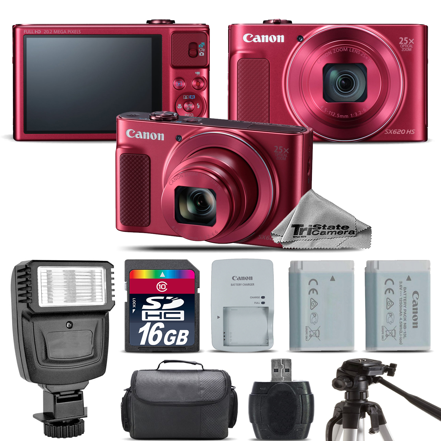 PowerShot SX620 HS RED Digital Camera + Extra Battery + Flash - 16GB Kit *FREE SHIPPING*