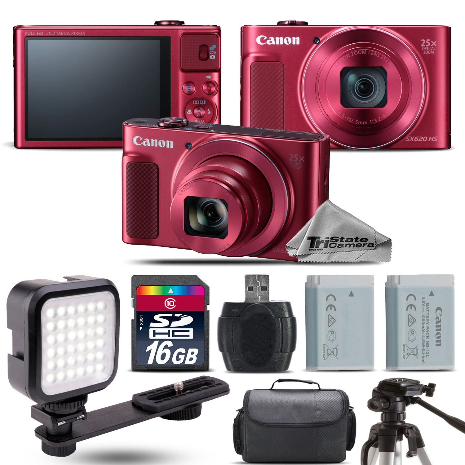 PowerShot SX620 HS RED Digital Camera + Extra Battery + LED - 16GB Kit *FREE SHIPPING*