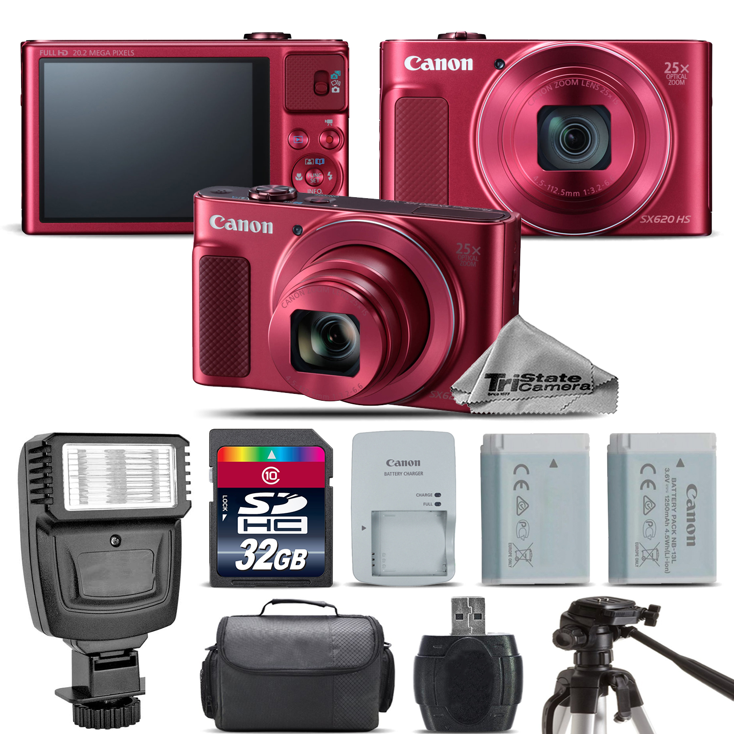 PowerShot SX620 HS RED Digital Camera + Extra Battery + Flash - 32GB Kit *FREE SHIPPING*