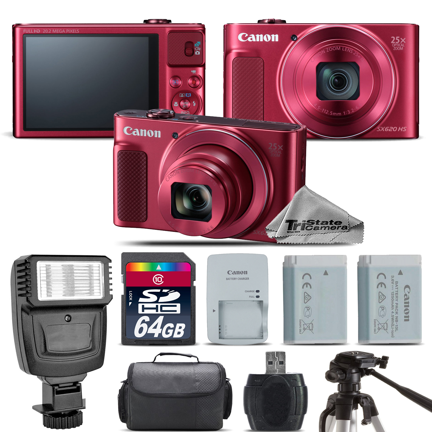 PowerShot SX620 HS RED Digital Camera + Extra Battery + Flash - 64GB Kit *FREE SHIPPING*