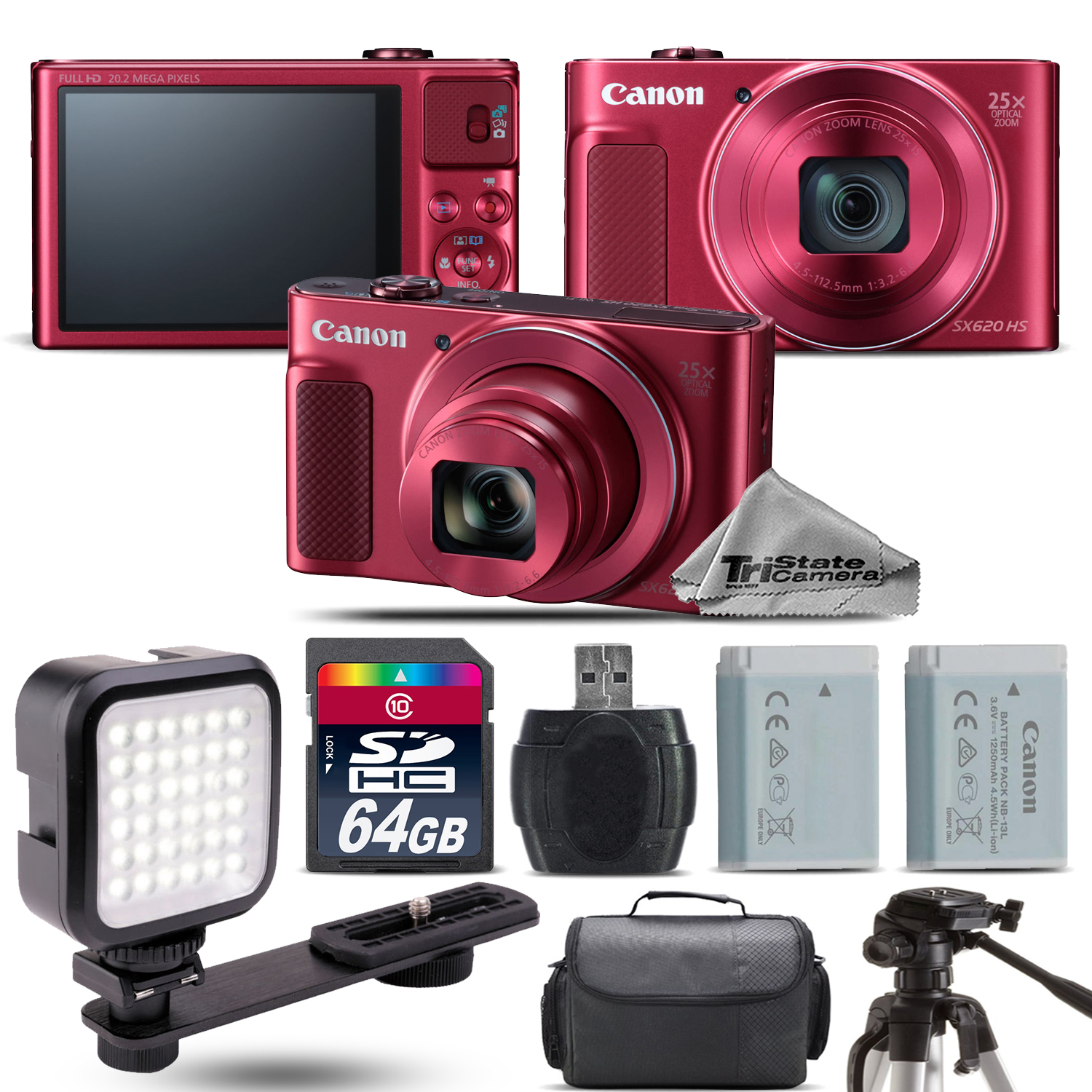 PowerShot SX620 HS RED Digital Camera + Extra Battery + LED - 64GB Kit *FREE SHIPPING*