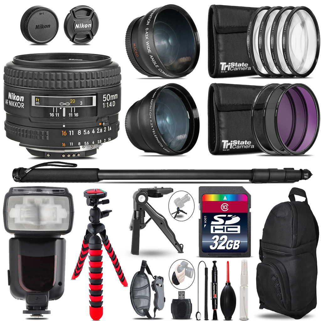 Nikon AF 50mm F/ 1.4D - 3 Lens Kit + Professional Flash - 32GB Accessory Bundle *FREE SHIPPING*