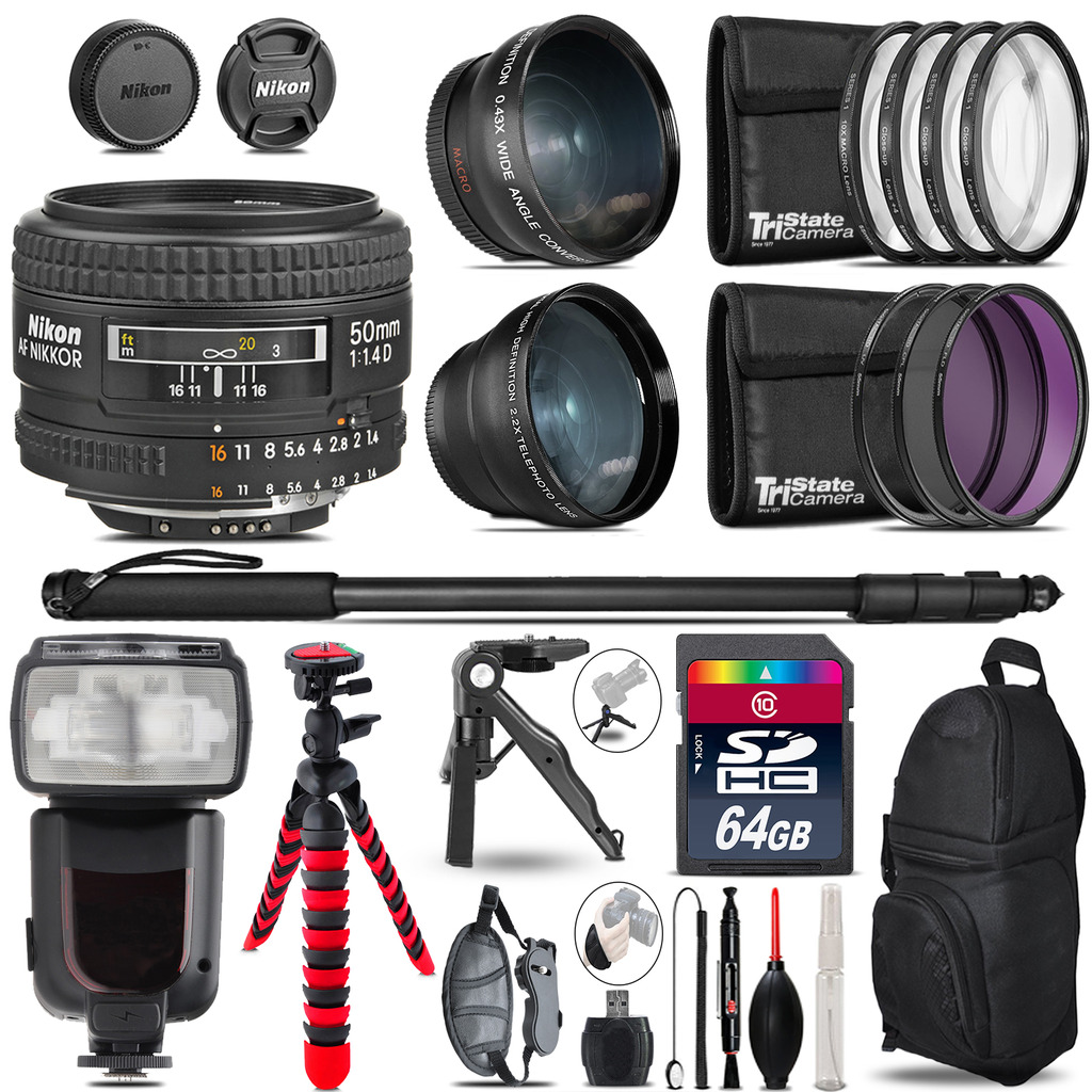 Nikon AF 50mm F/ 1.4D - 3 Lens Kit + Professional Flash - 64GB Accessory Bundle *FREE SHIPPING*