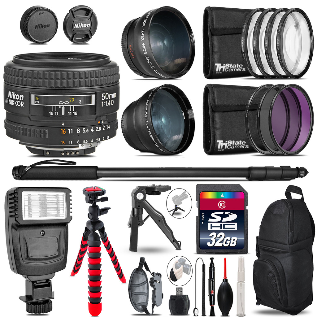 AF 50mm F/ 1.4D -3 Lens Kit + Slave Flash + Tripod - 32GB Accessory Bundle *FREE SHIPPING*