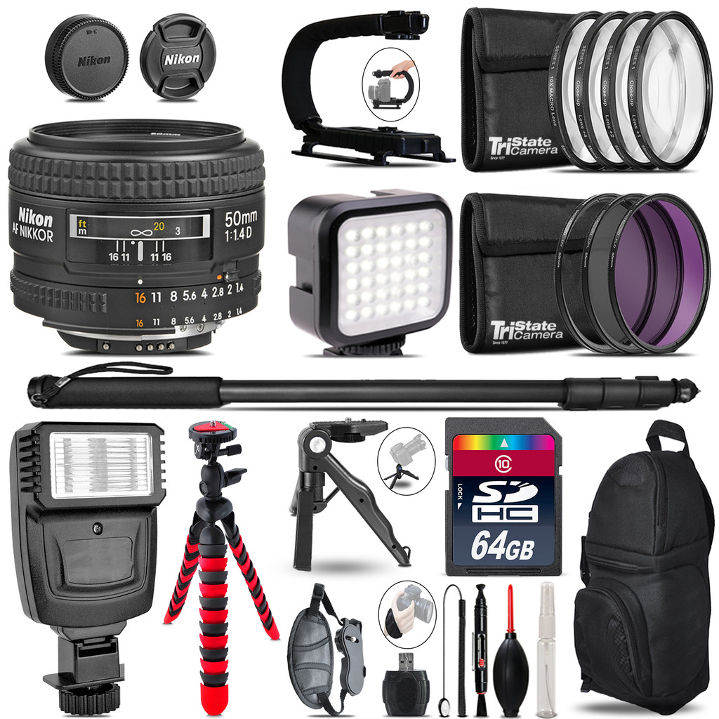 AF 50mm F/ 1.4D -Video Kit + Slave Flash + Monopod - 64GB Accessory Bundle *FREE SHIPPING*