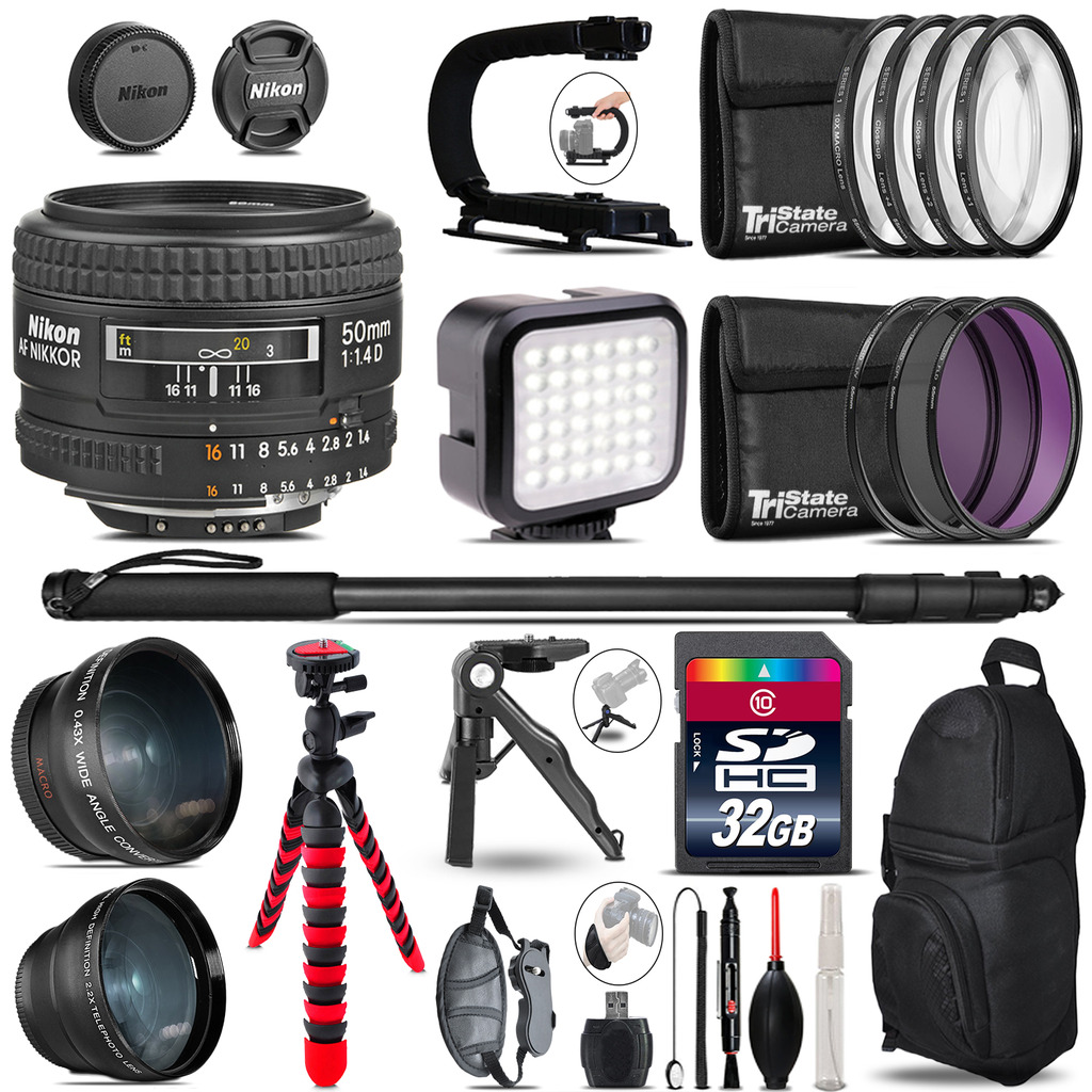Nikon AF 50mm F/ 1.4D -Video Kit + LED KIt + Monopod - 32GB Accessory Bundle *FREE SHIPPING*