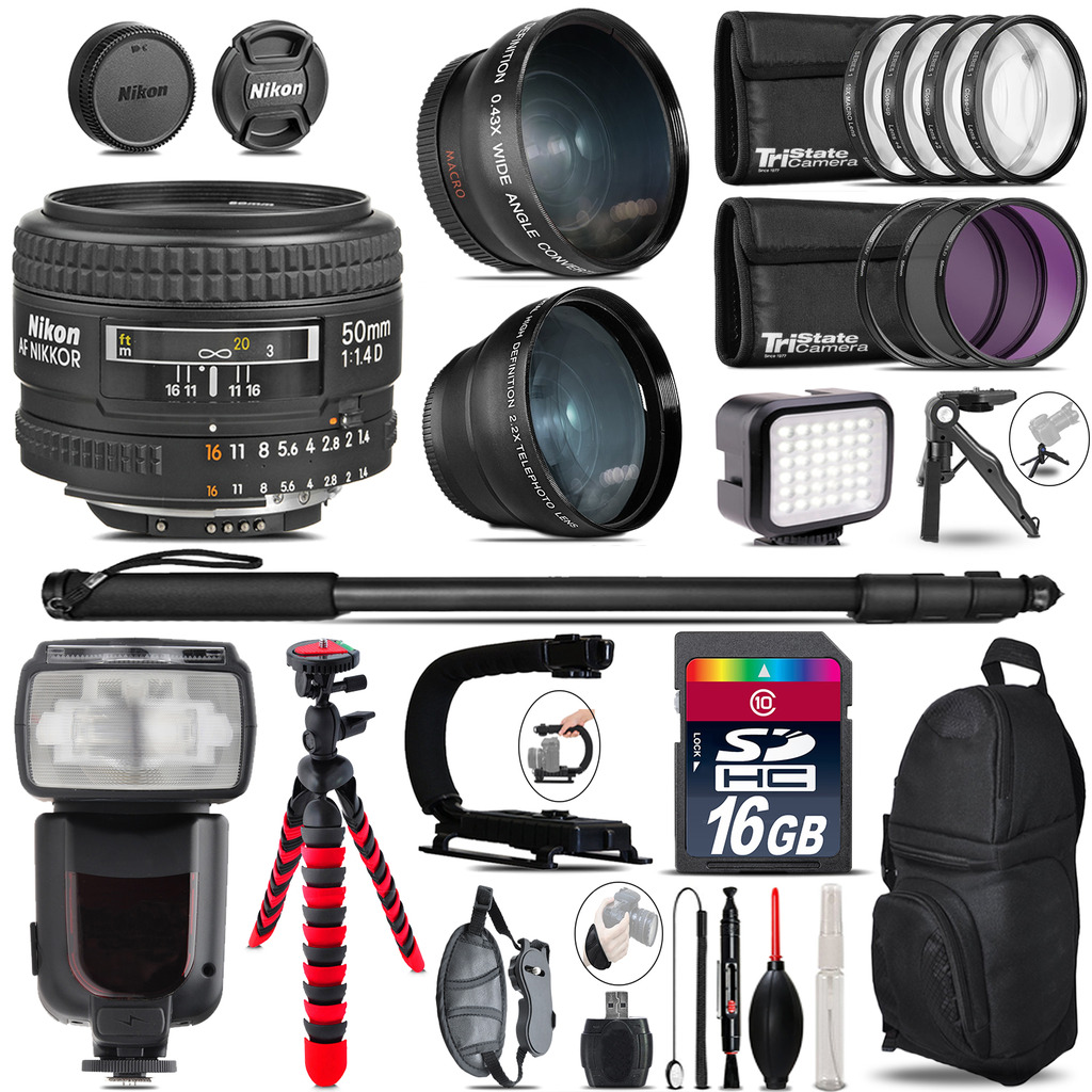 Nikon AF 50mm F/ 1.4D + Pro Flash + LED Light + Tripod - 16GB Accessory Bundle *FREE SHIPPING*