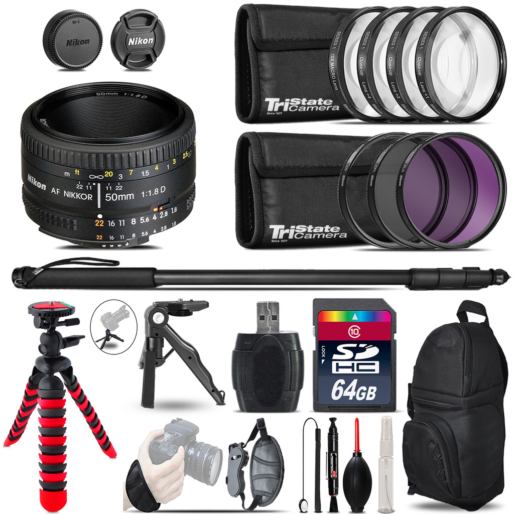 Nikon AF 50mm 1.8D + MACRO, UV-CPL-FLD Filter + Monopod - 64GB Accessory Kit *FREE SHIPPING*