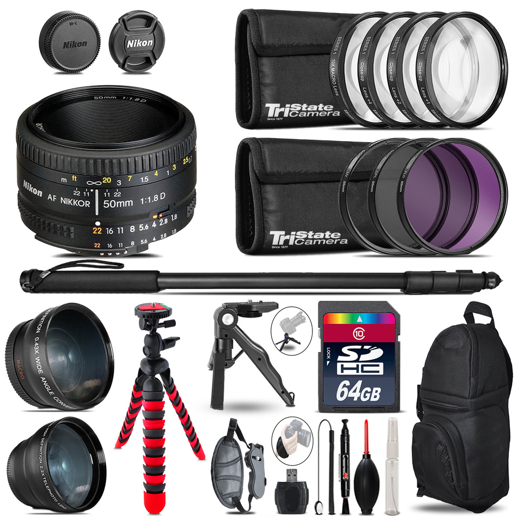 Nikon AF 50mm 1.8D - 3 Lens Kit + Tripod + Backpack - 64GB Accessory Bundle *FREE SHIPPING*