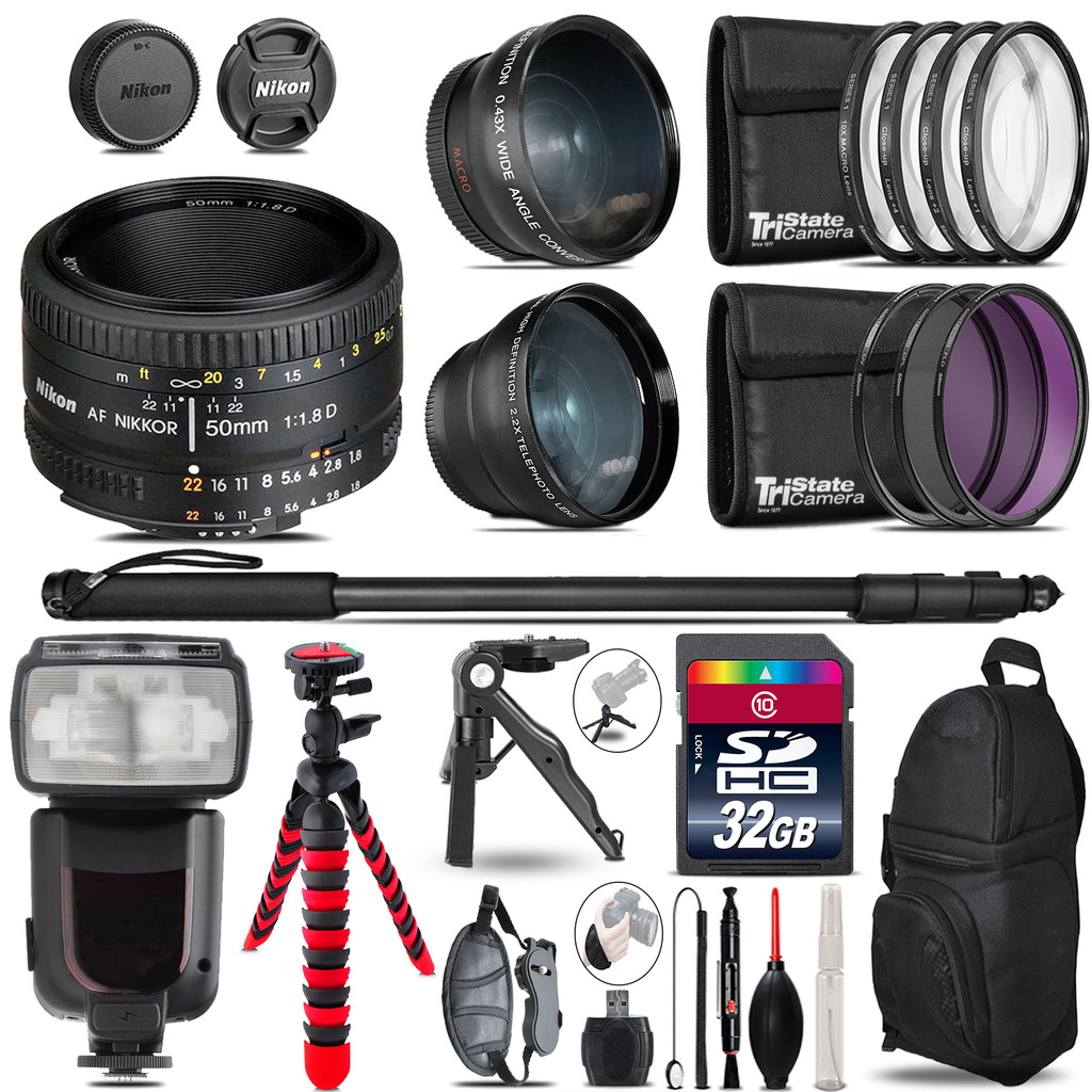 Nikon AF 50mm 1.8D - 3 Lens Kit + Professional Flash - 32GB Accessory Bundle *FREE SHIPPING*