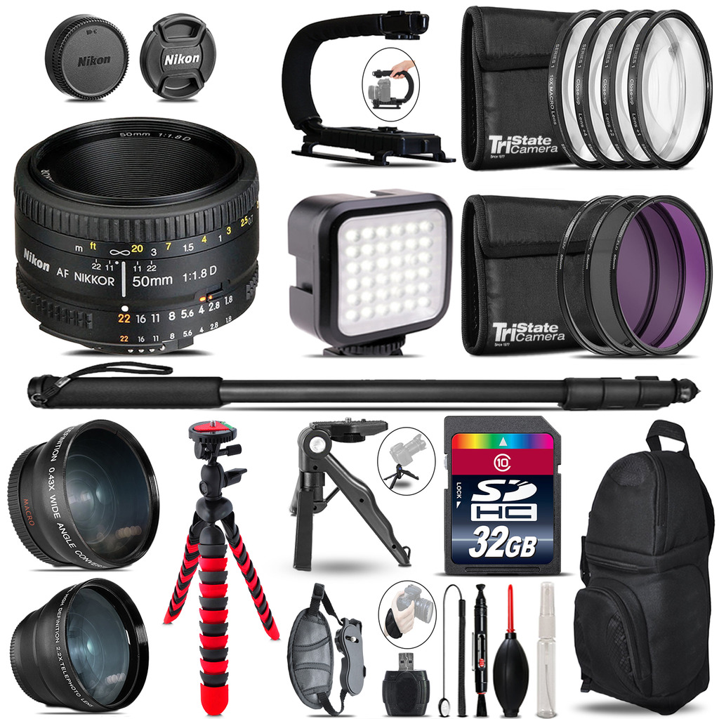 Nikon AF 50mm f/ 1.8D -Video Kit + LED KIt + Monopod - 32GB Accessory Bundle *FREE SHIPPING*