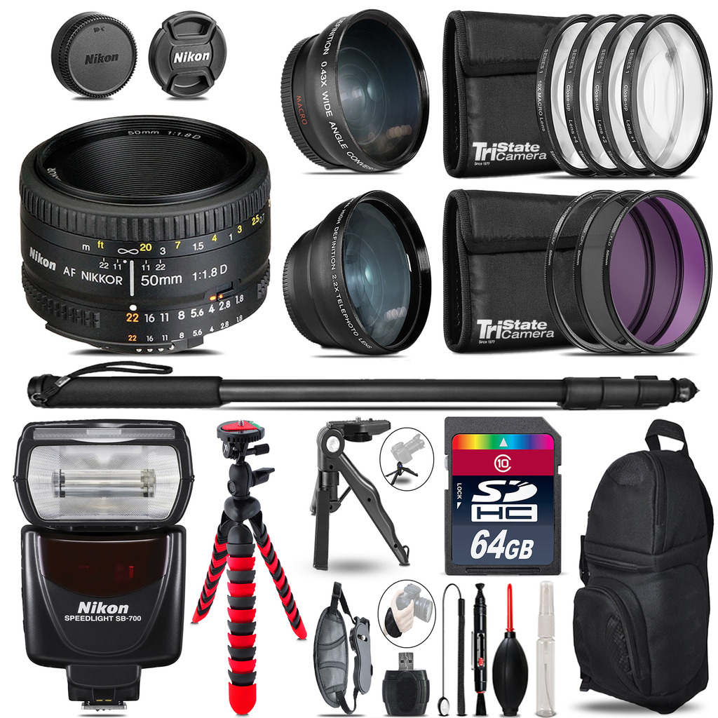 AF 50mm 1.8D + SB-700 AF Speedlight - 3 Lens Kit - 64GB Accessory Kit *FREE SHIPPING*