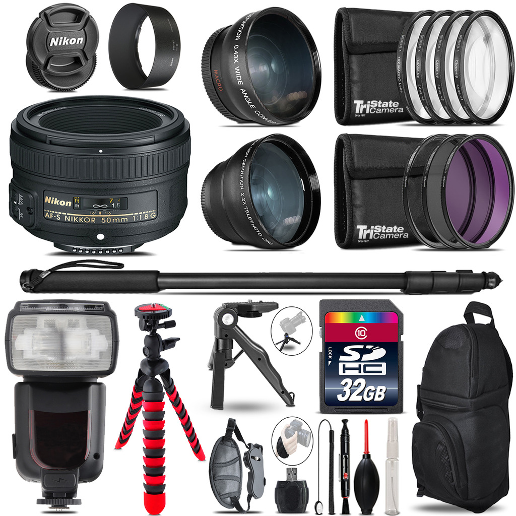 Nikon AF-S 50mm 1.8G - 3 Lens Kit + Professional Flash - 32GB Accessory Bundle *FREE SHIPPING*
