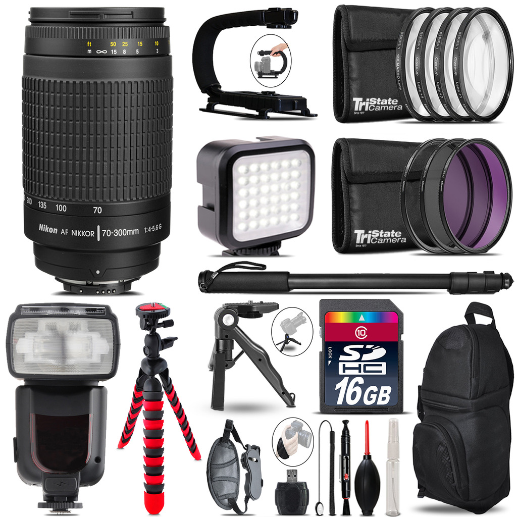 Nikon AF 70-300mm G - Video Kit + Pro Flash + Monopod - 16GB Accessory Bundle *FREE SHIPPING*