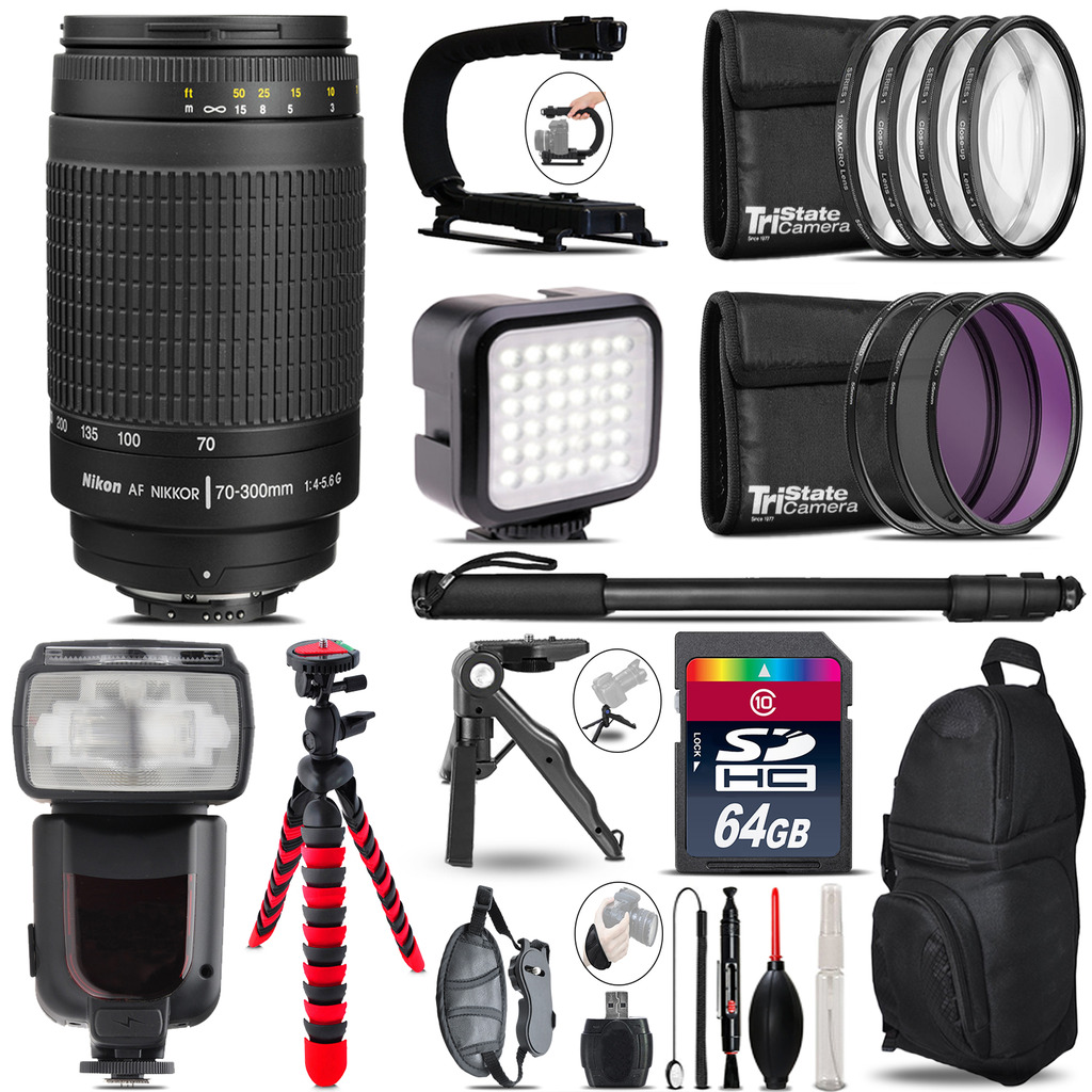Nikon AF 70-300mm G - Video Kit + Pro Flash + Monopod - 64GB Accessory Bundle *FREE SHIPPING*