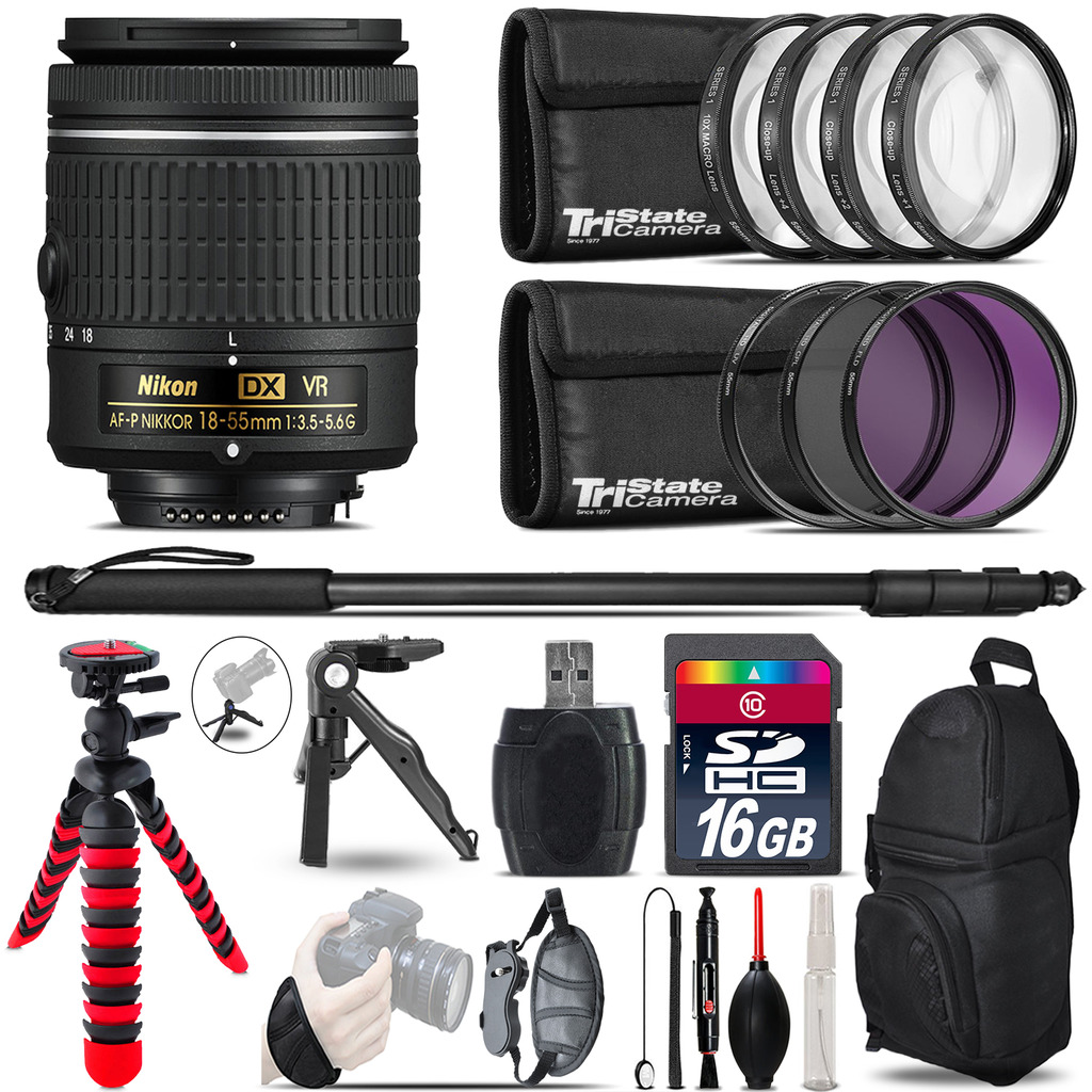 Nikon AF-P 18-55mm VR + MACRO, UV-CPL-FLD Filter + Monopod - 16GB Accessory Kit *FREE SHIPPING*