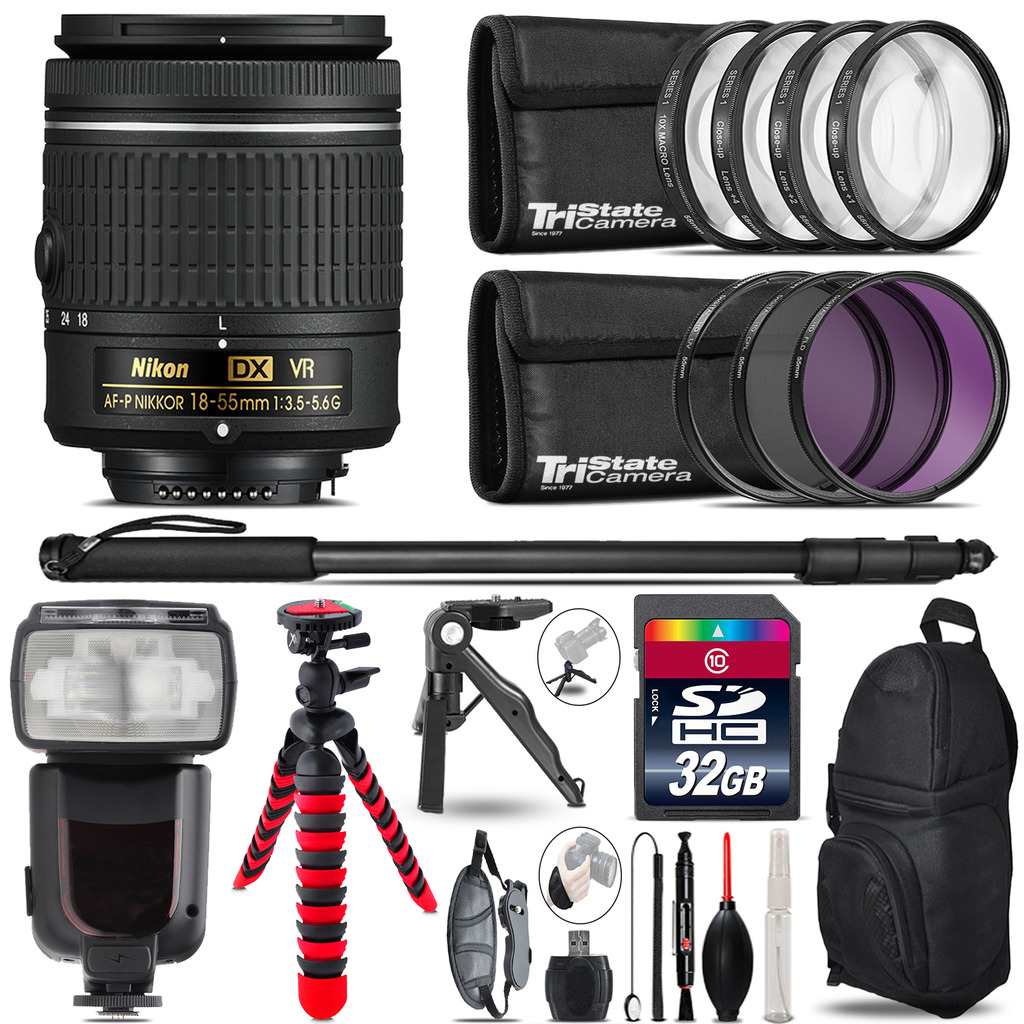 Nikon AF-P 18-55mm VR + Professional Flash + Macro Kit - 32GB Accessory Bundle *FREE SHIPPING*