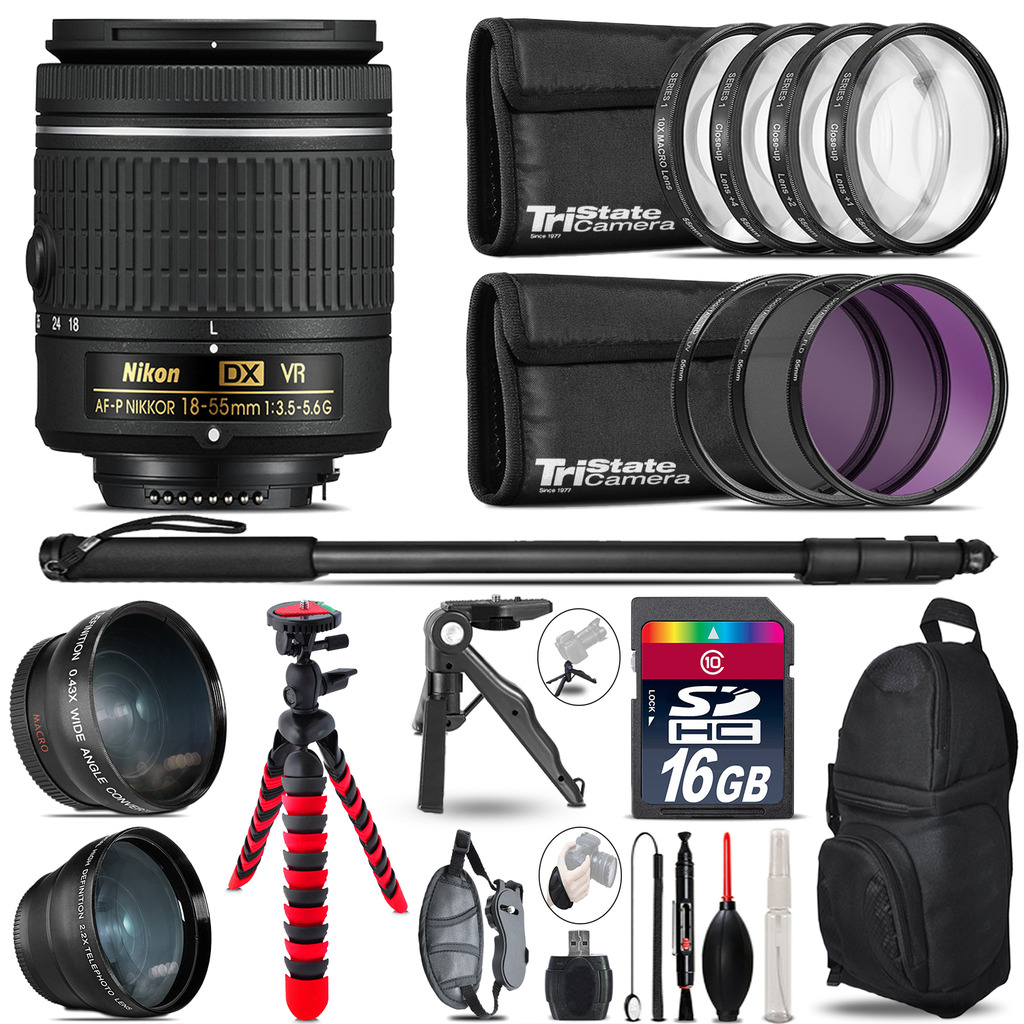 Nikon AF-P 18-55mm VR - 3 Lens Kit + Tripod + Backpack - 16GB Accessory Bundle *FREE SHIPPING*
