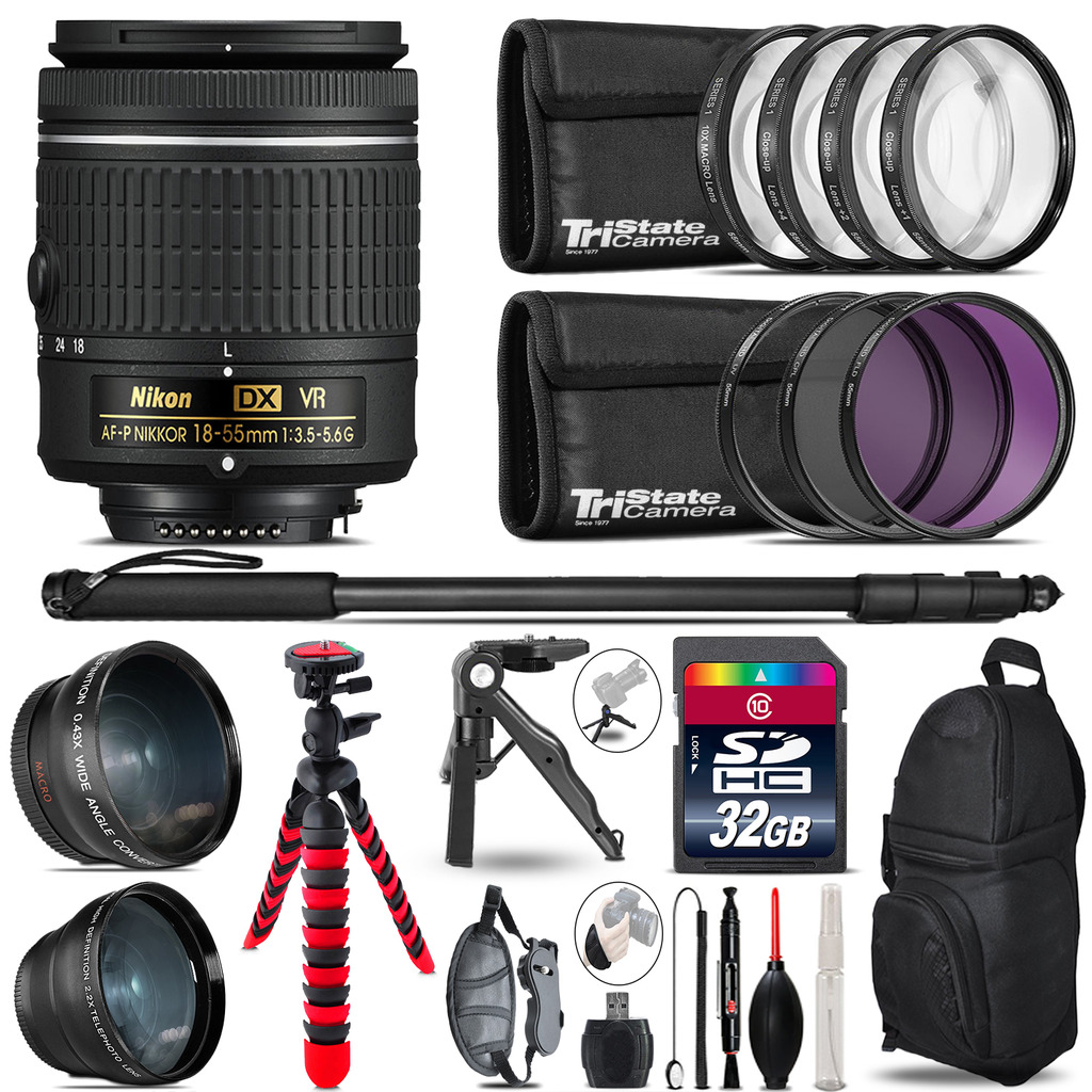 Nikon AF-P 18-55mm VR - 3 Lens Kit + Tripod + Backpack - 32GB Accessory Bundle *FREE SHIPPING*