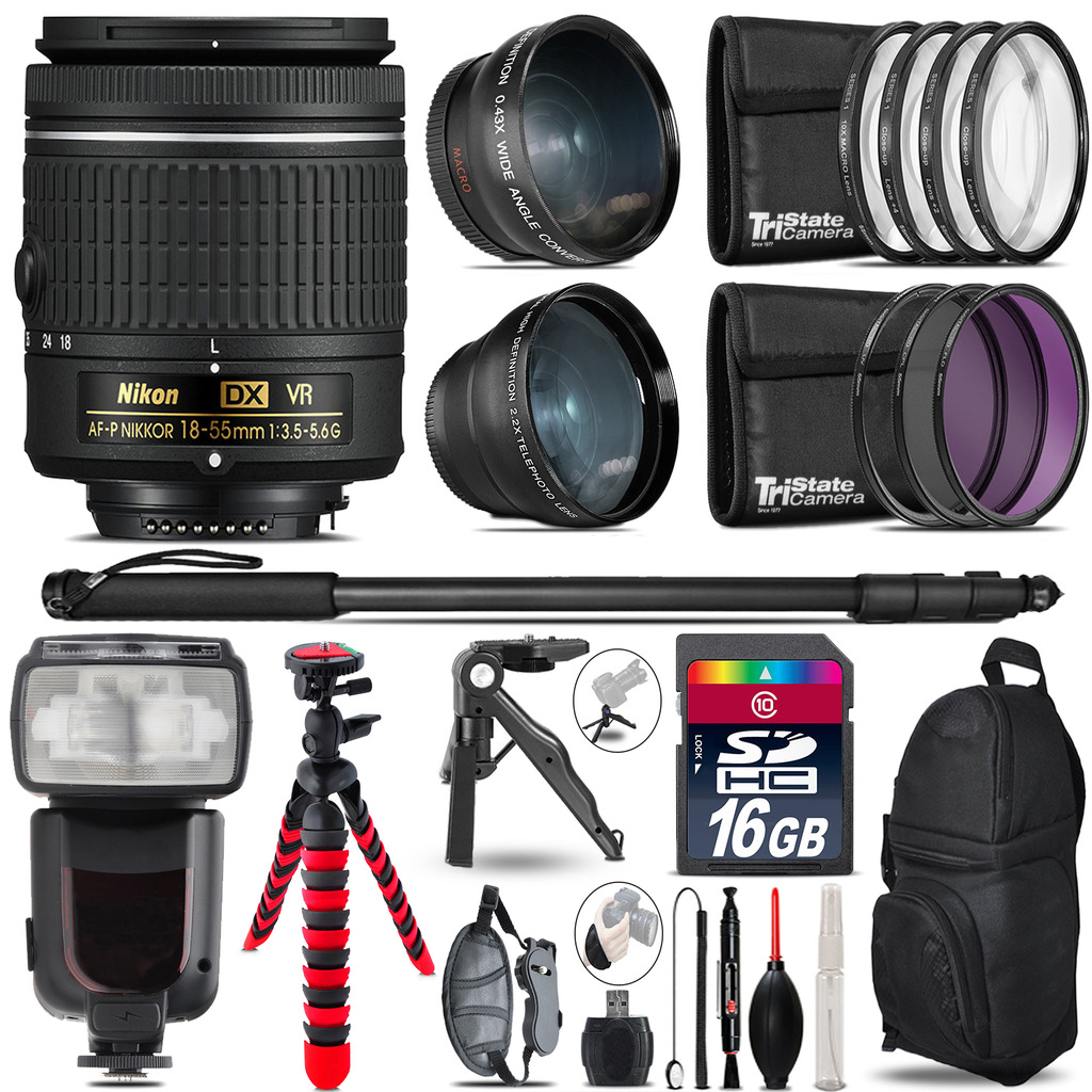 Nikon AF-P 18-55mm VR - 3 Lens Kit + Professional Flash - 16GB Accessory Bundle *FREE SHIPPING*