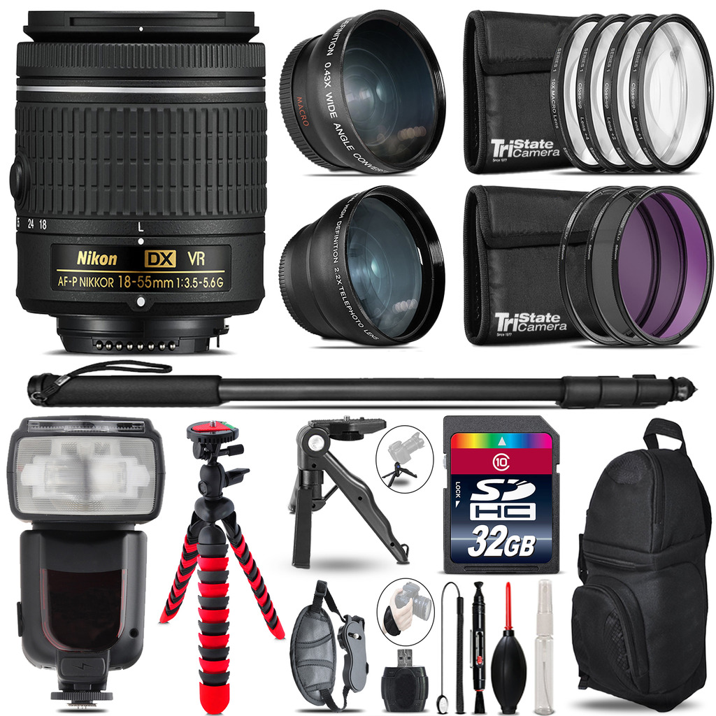 Nikon AF-P 18-55mm VR - 3 Lens Kit + Professional Flash - 32GB Accessory Bundle *FREE SHIPPING*
