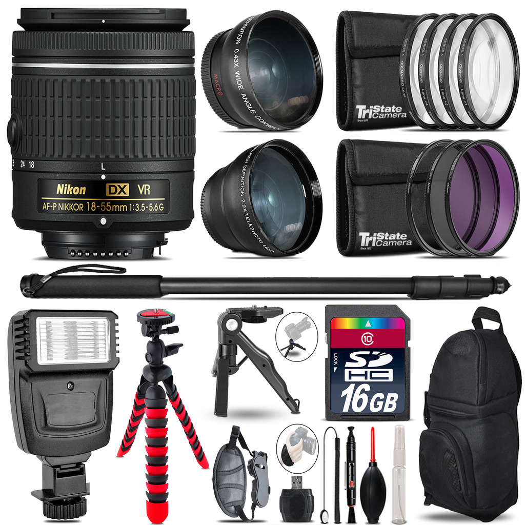 Nikon AF-P 18-55mm VR -3 Lens Kit + Slave Flash + Tripod - 16GB Accessory Bundle *FREE SHIPPING*