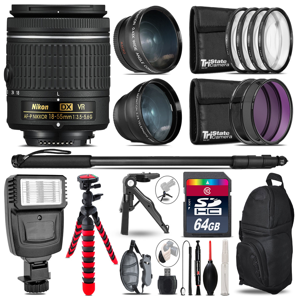 Nikon AF-P 18-55mm VR -3 Lens Kit + Slave Flash + Tripod - 64GB Accessory Bundle *FREE SHIPPING*