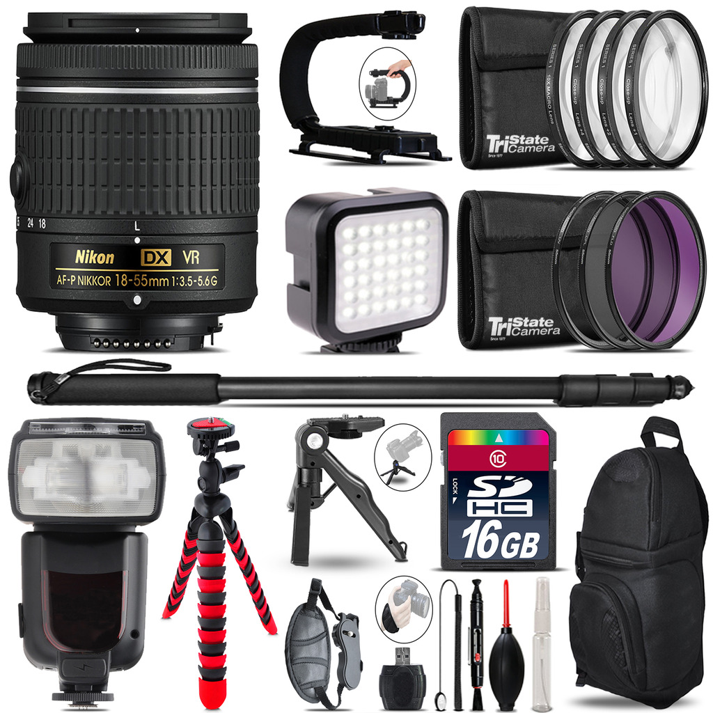 Nikon AF-P 18-55mm VR - Video Kit + Pro Flash + Monopod - 16GB Accessory Bundle *FREE SHIPPING*