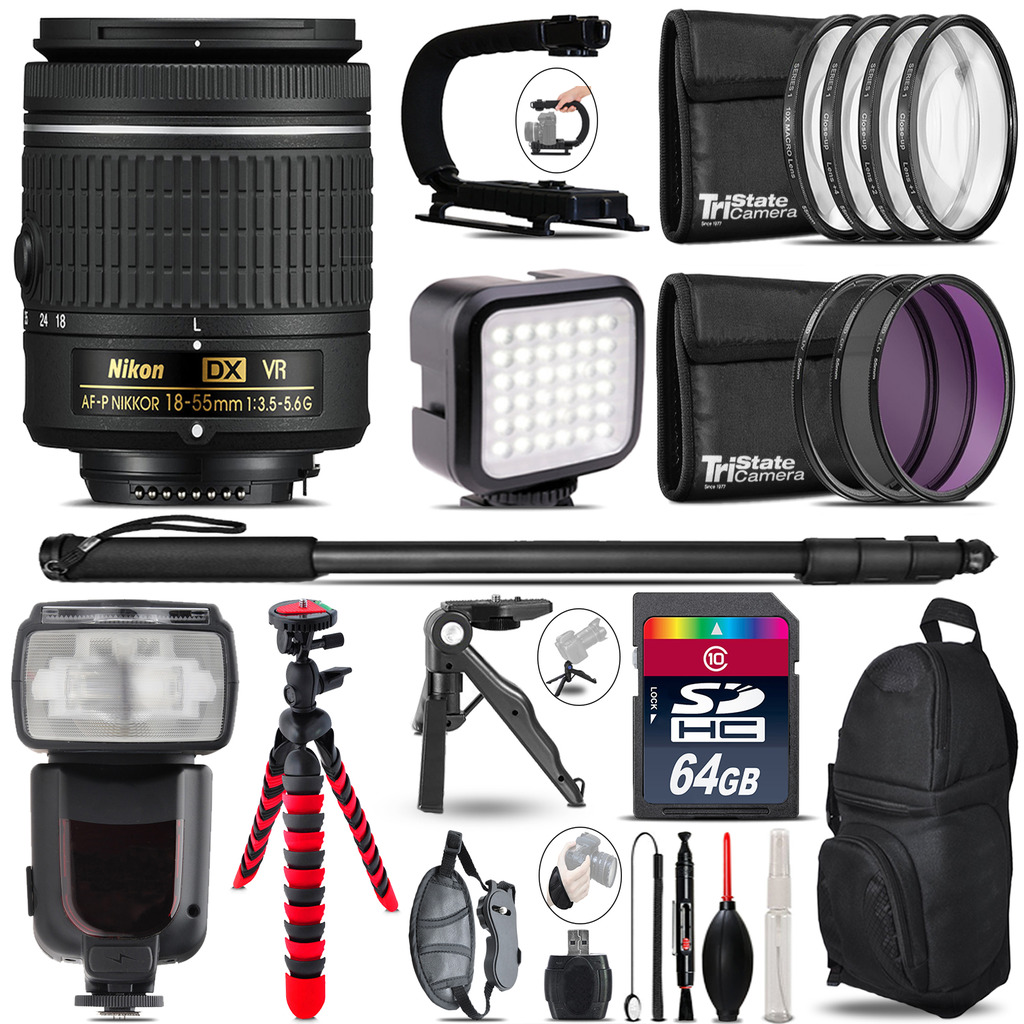 Nikon AF-P 18-55mm VR - Video Kit + Pro Flash + Monopod - 64GB Accessory Bundle *FREE SHIPPING*
