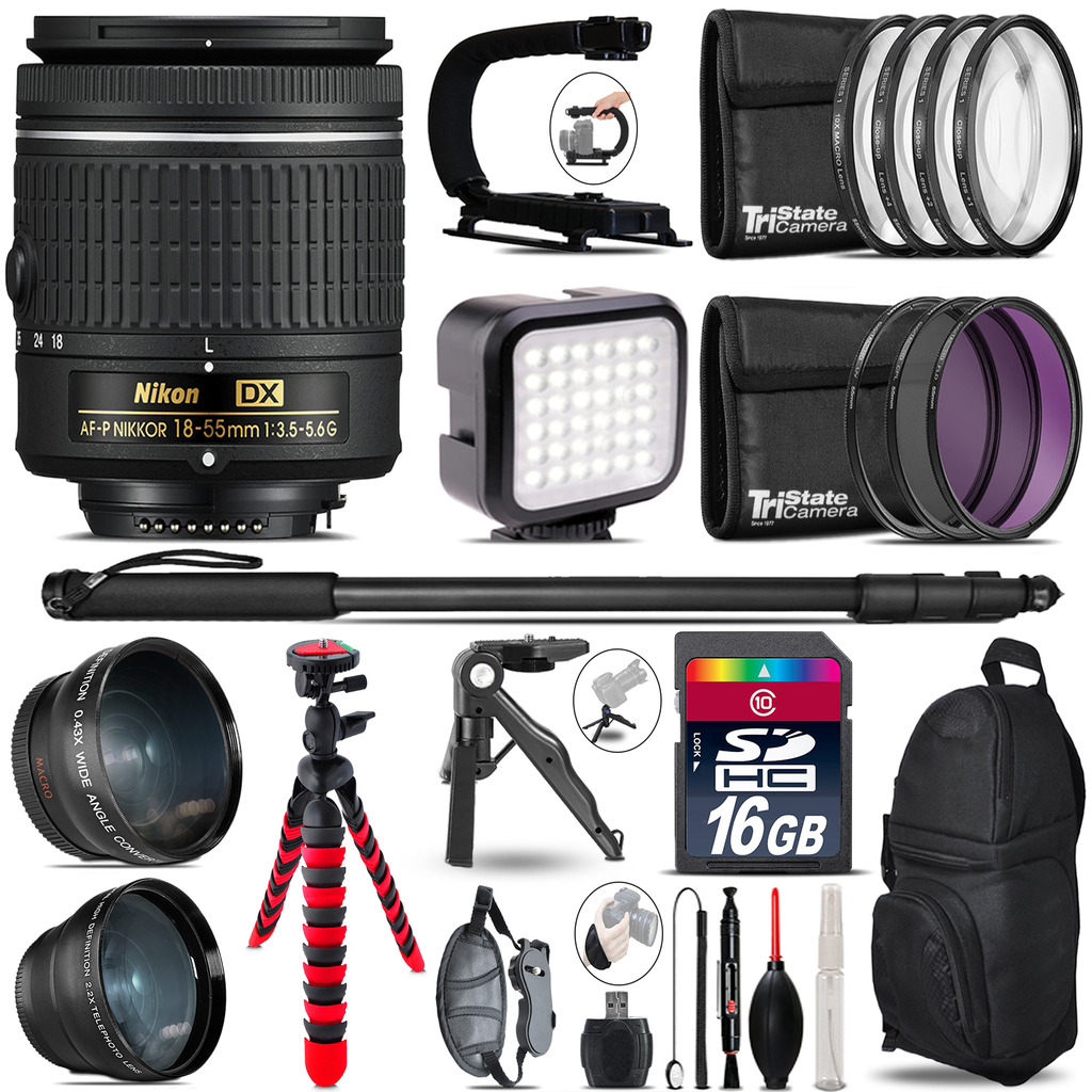 Nikon AF-P DX 18-55mm-Video Kit + LED KIt + Monopod - 16GB Accessory Bundle *FREE SHIPPING*