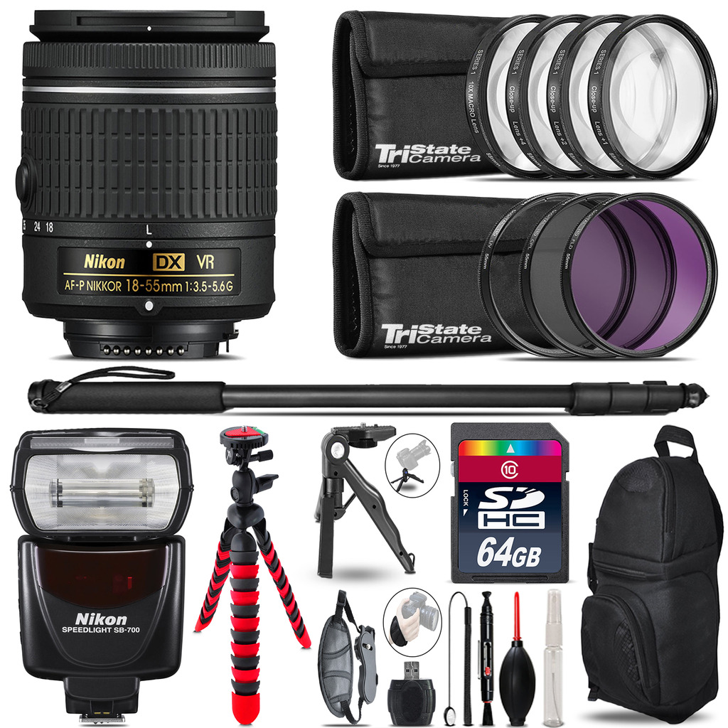 Nikon AF-P 18-55mm VR + SB-700 AF Speedlight + UV-CPL-FLD - 64GB Accessory Kit *FREE SHIPPING*