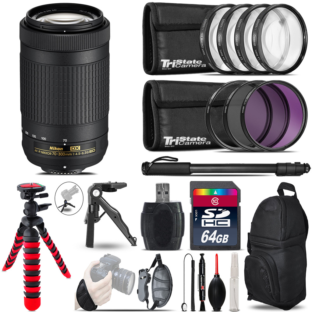 Nikon AF-P 70-300mm + MACRO, UV-CPL-FLD Filter + Monopod - 64GB Accessory Kit *FREE SHIPPING*