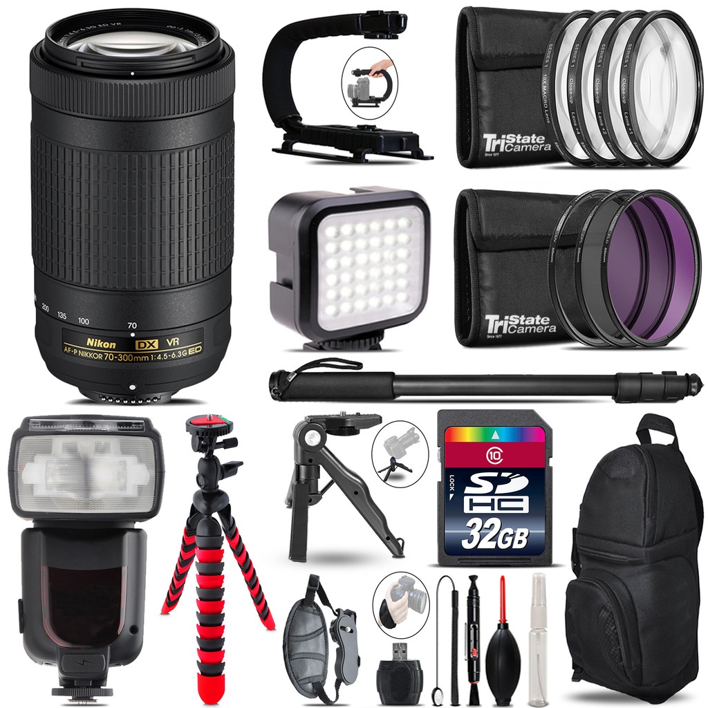 Nikon AFP 70-300mm VR - Video Kit + Pro Flash + Monopod - 32GB Accessory Bundle *FREE SHIPPING*
