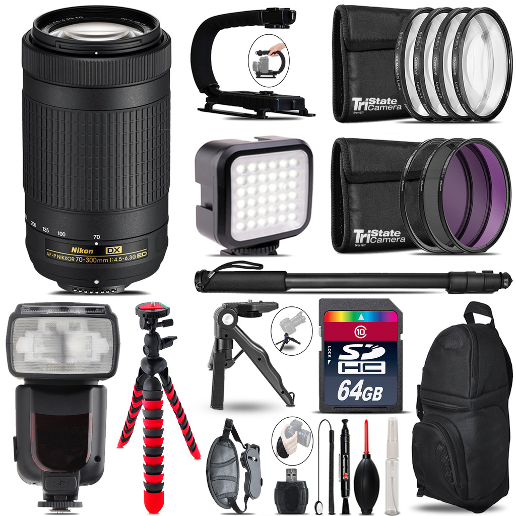 Nikon AF-P 70-300mm - Video Kit + Pro Flash + Monopod - 64GB Accessory Bundle *FREE SHIPPING*