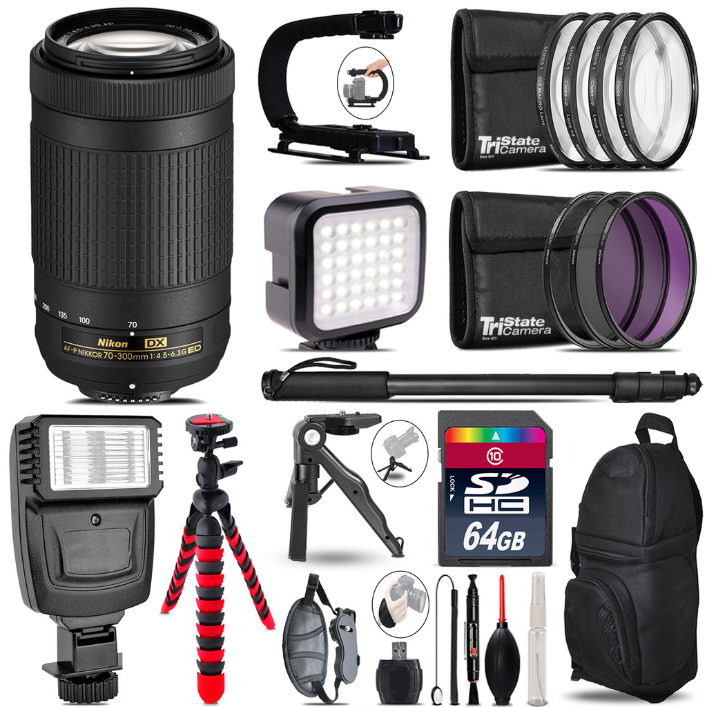 Nikon AF-P 70-300mm -Video Kit + Slave Flash + Monopod - 64GB Accessory Bundle *FREE SHIPPING*