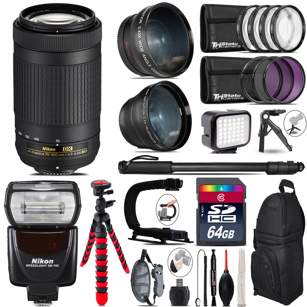 Nikon AF-P 70-300mm + SB-700 AF Speedlight - LED LIGHT - 64GB Accessory Kit *FREE SHIPPING*