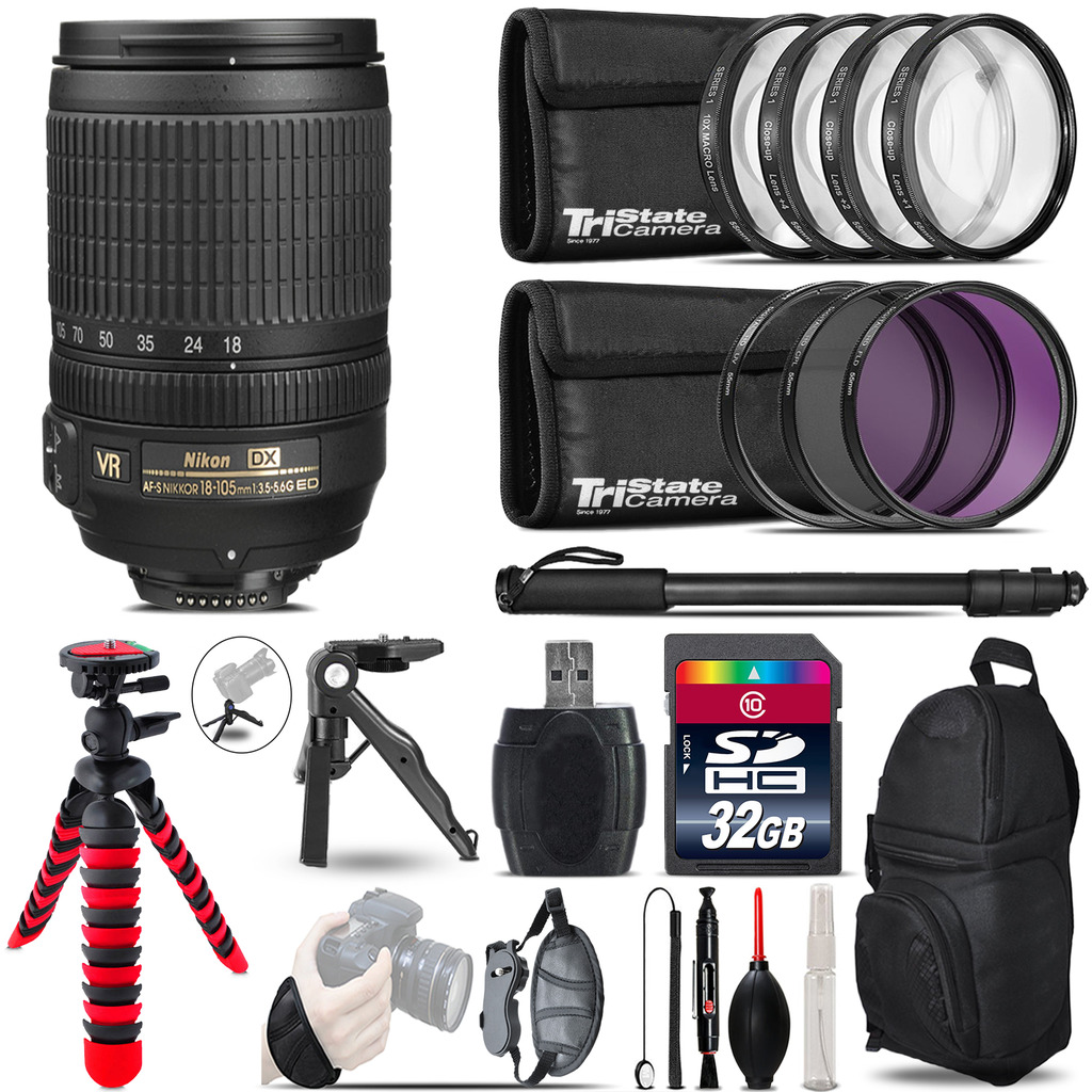 Nikon DX 18-105mm VR + MACRO, UV-CPL-FLD Filter + Monopod - 32GB Accessory Kit *FREE SHIPPING*