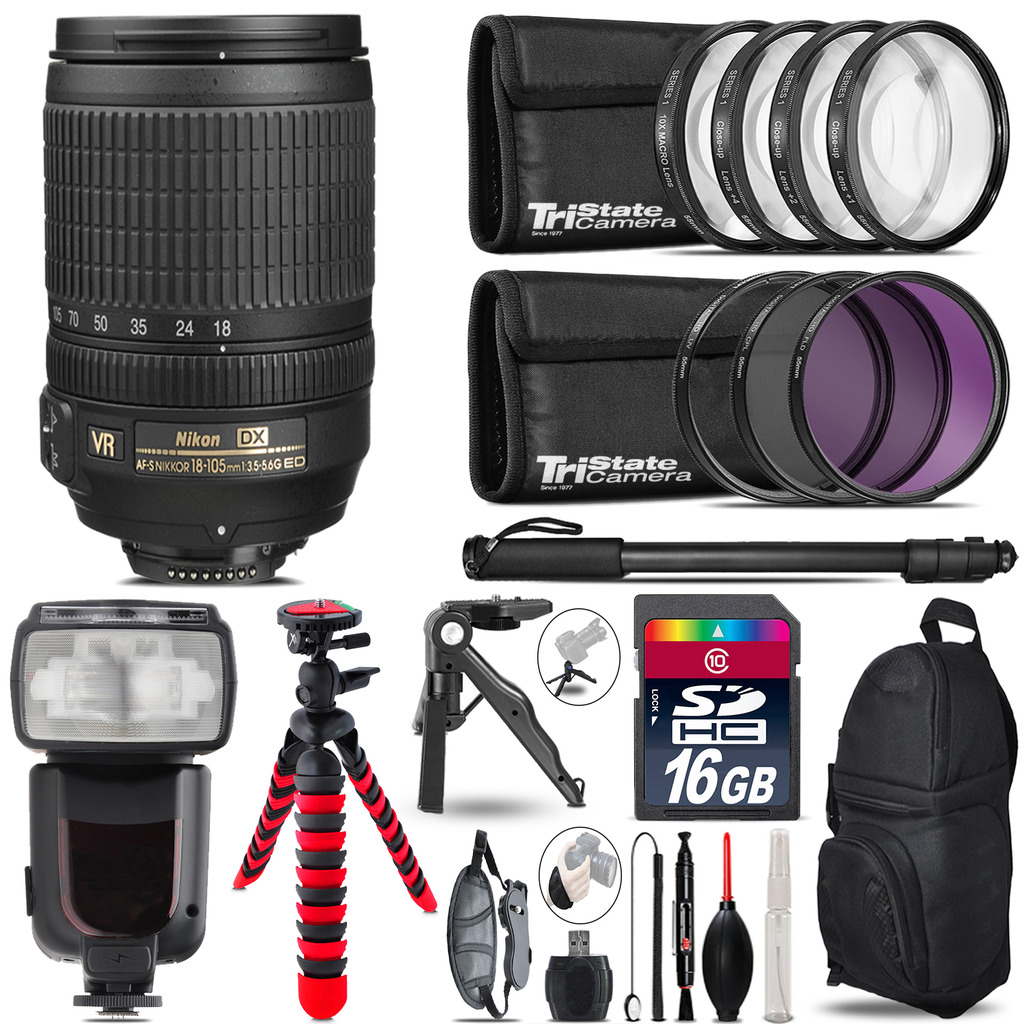 Nikon DX 18-105mm VR + Professional Flash + Macro Kit - 16GB Accessory Bundle *FREE SHIPPING*