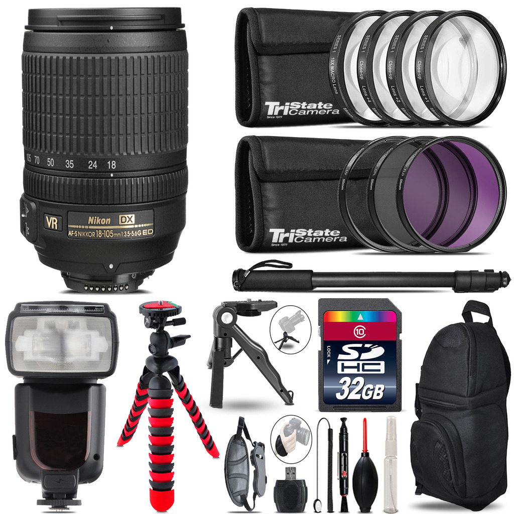 Nikon DX 18-105mm VR + Professional Flash + Macro Kit - 32GB Accessory Bundle *FREE SHIPPING*