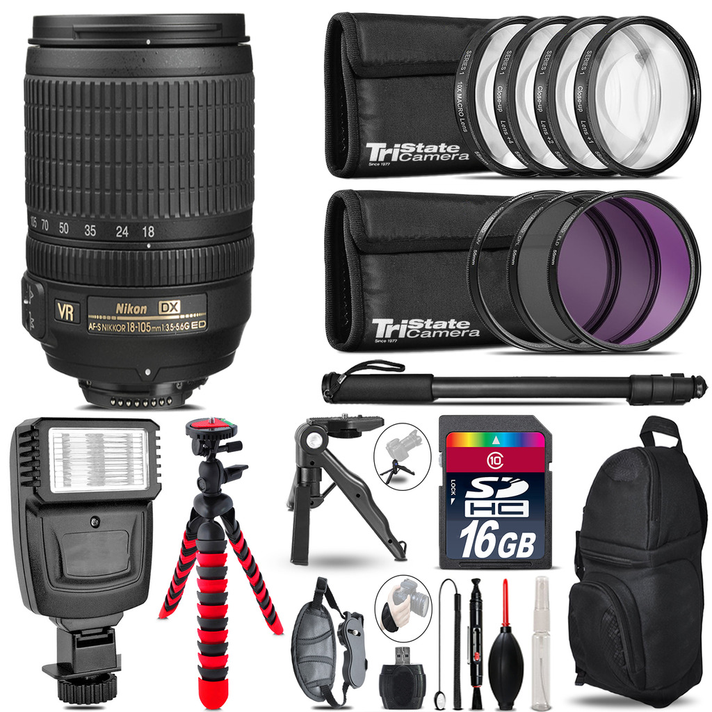 Nikon DX 18-105mm VR + Slave Flash + MACRO, UV-CPL-FLD - 16GB Accessory Bundle *FREE SHIPPING*
