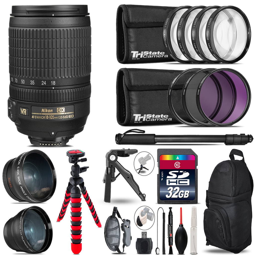 Nikon DX 18-105mm VR - 3 Lens Kit + Tripod + Backpack - 32GB Accessory Bundle *FREE SHIPPING*