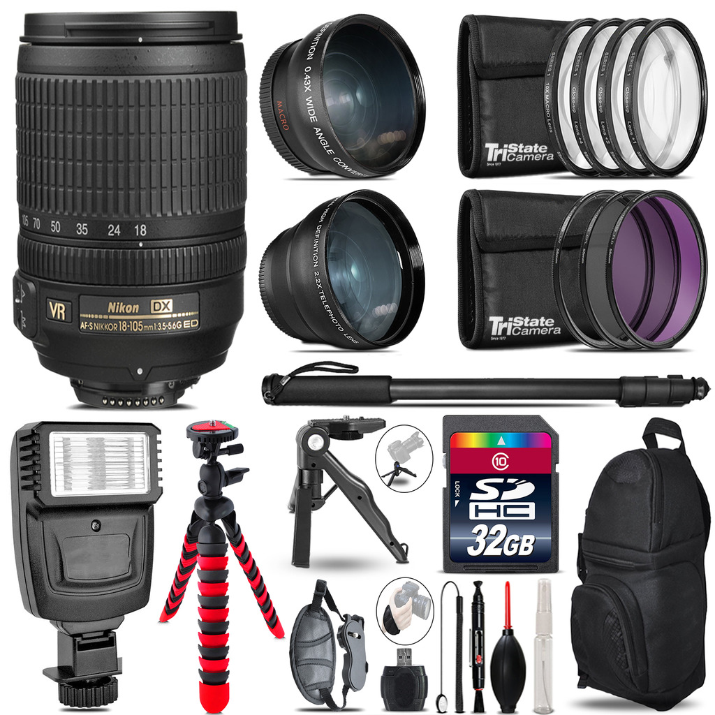 Nikon DX 18-105mm VR -3 Lens Kit + Slave Flash + Tripod - 32GB Accessory Bundle *FREE SHIPPING*