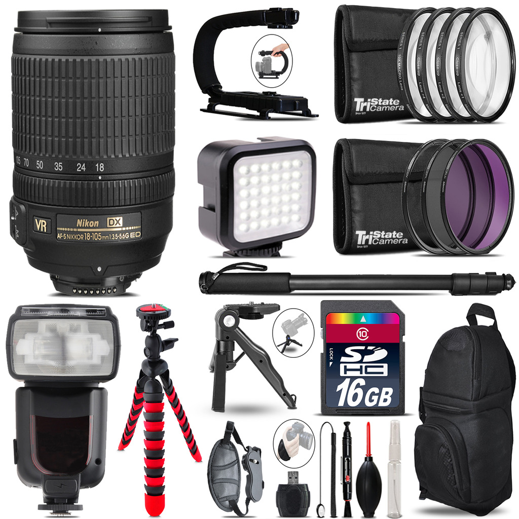 Nikon DX 18-105mm VR - Video Kit + Pro Flash + Monopod - 16GB Accessory Bundle *FREE SHIPPING*