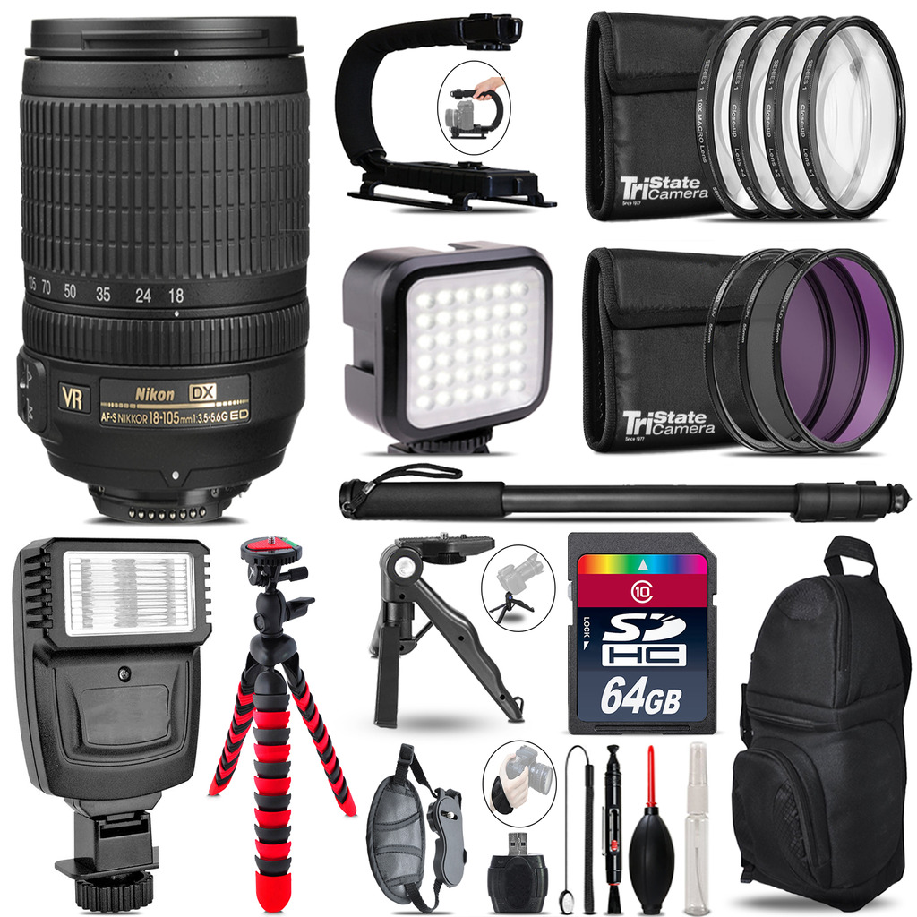 Nikon DX 18-105mm VR -Video Kit + Slave Flash + Monopod - 64GB Accessory Bundle *FREE SHIPPING*